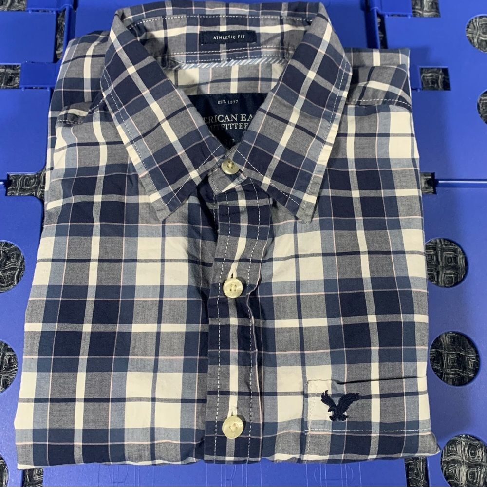 AMERICAN EAGLE Blue Plaid Long Sleeve Button Down Athletic Fit Shirt Small #851 - Picture 5 of 8